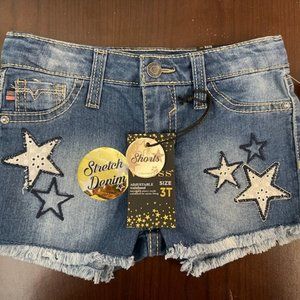 BRAND NEW PAIR OF VIGOSS STRETCH COLUMBIA BLUE DENIM SHORTS WITH STARS SIZE 3T